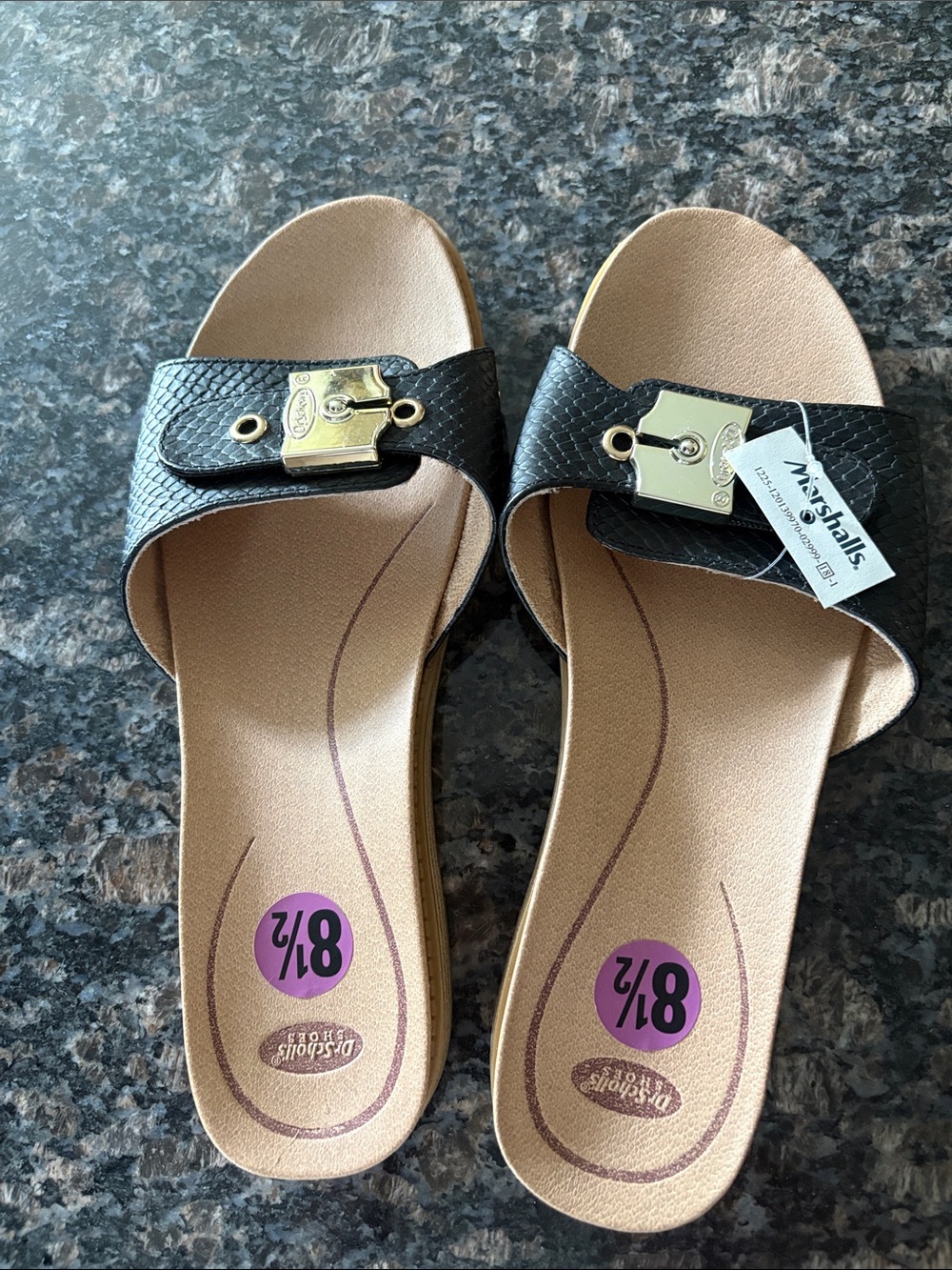 Dr scholls size 8 1/2 Black Slide Sandals with Gold Accent bnwt